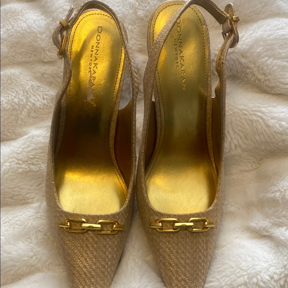 Donna Karan Tan Slingback Heels with Gold Details